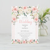 Romantic Pink Floral Greenery Typography Wedding Kaart (Staand voorkant)