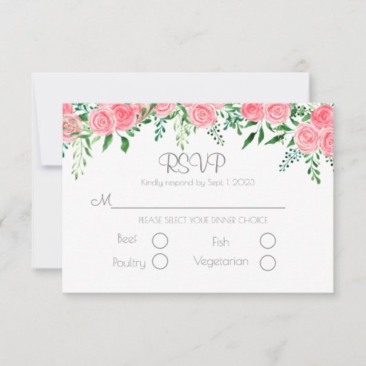 Romantic Pink Floral Greenery Typography Wedding RSVP Kaartje (Voorkant)