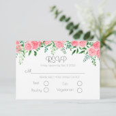 Romantic Pink Floral Greenery Typography Wedding RSVP Kaartje (Staand voorkant)
