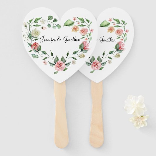 Romantic Pink Floral Heart Lijst met naam Weddensc Handwaaier (Voorkant en achterkant)