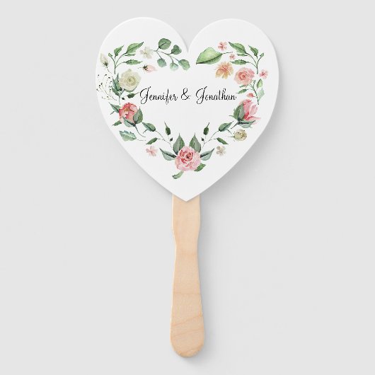Romantic Pink Floral Heart Lijst met naam Weddensc Handwaaier (Voorkant)