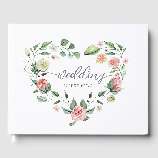 Romantic Pink Floral Heart Weddenschap Gastenboek (Voorkant)