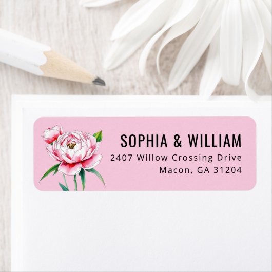 Romantic Pink Floral Peony Illustration Etiket (Insitu)