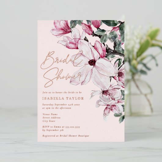 Romantic Pink Floral Roos Gold Vrijgezellenfeest Folie Uitnodiging (Staand Voorkant)