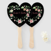 Romantic Pink Floral Roos Heart Wedding |Zwart Handwaaier (Voorkant en achterkant)