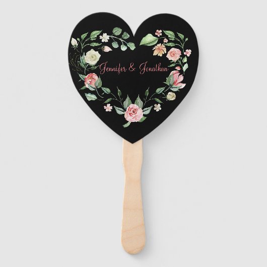 Romantic Pink Floral Roos Heart Wedding |Zwart Handwaaier (Voorkant)
