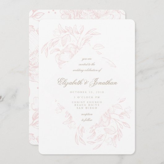 Romantic Pink Floral Sketch Weddenschap Kaart (Voorkant / Achterkant)