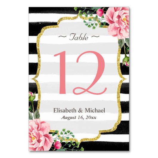 Romantic Pink Floral Striped Wedtable Number Kaart (Voorkant)