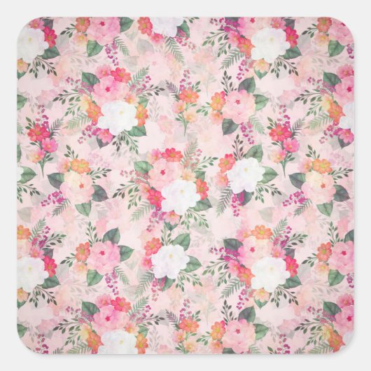 Romantic Pink Floral Waterverf Painting Vierkante Sticker (Voorkant)