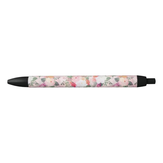 Romantic Pink Floral Waterverf Painting Zwarte Inkt Pen (Voorkant)