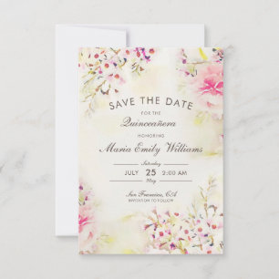 Romantic Pink Floral Waterverf Quinceanera Save The Date