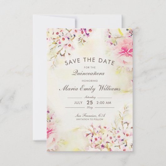 Romantic Pink Floral Waterverf Quinceanera Save The Date (Voorkant)