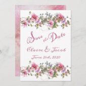 Romantic Pink Floral Waterverf Script Save The Date (Voorkant / Achterkant)