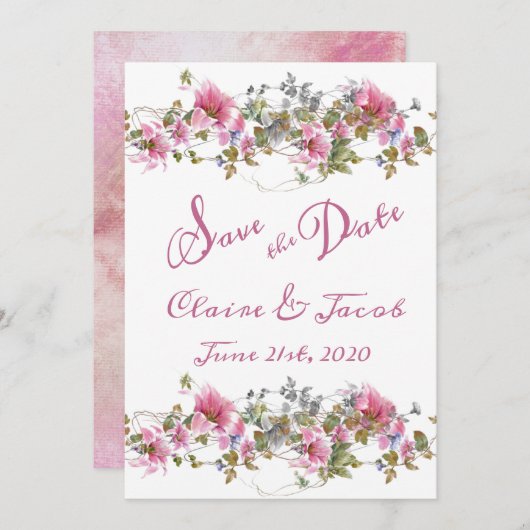 Romantic Pink Floral Waterverf Script Save The Date (Voorkant / Achterkant)