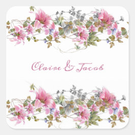 Romantic Pink Floral Waterverf Script Vierkante Sticker
