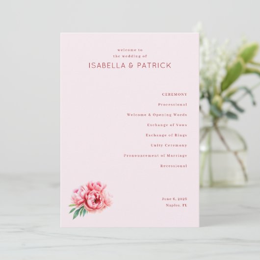 Romantic Pink Floral Wedding Ceremony Program Programmakaart (Staand voorkant)