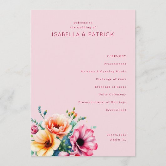 Romantic Pink Floral Wedding Ceremony Programmakaart (Voorkant)