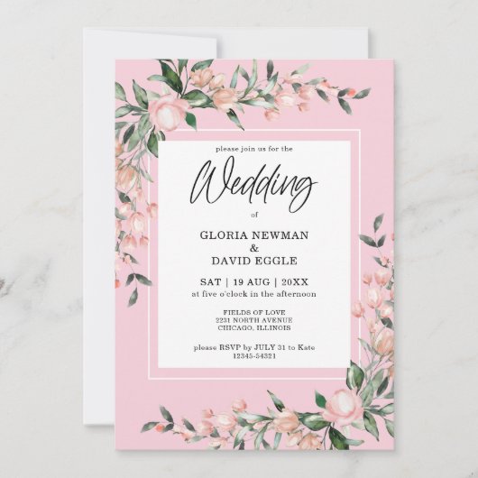 Romantic Pink Floral Wedding Invitation Kaart (Voorkant)