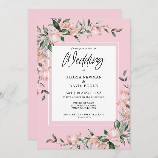 Romantic Pink Floral Wedding Invitation Kaart (Voorkant / Achterkant)