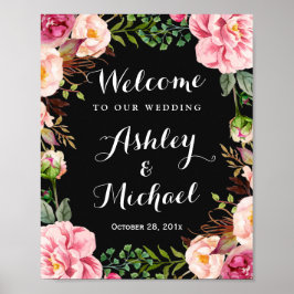 Romantic Pink Floral Wreath Classy Wedding Sign Poster