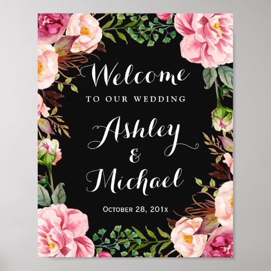 Romantic Pink Floral Wreath Classy Wedding Sign Poster (Voorkant)