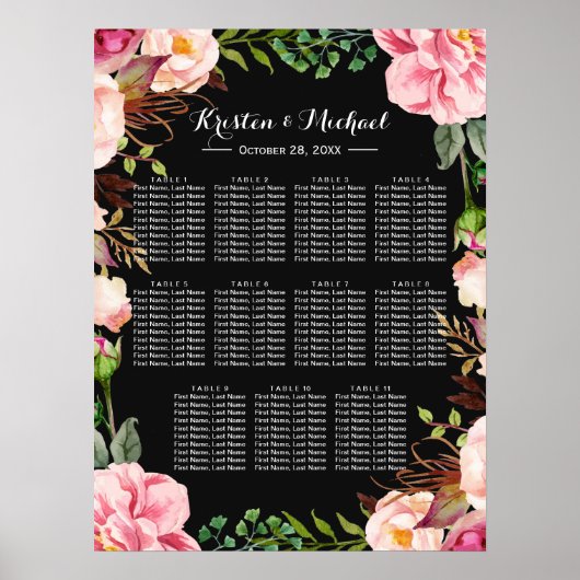 Romantic Pink Floral Wreath Wedding Seating Chart Poster (Voorkant)