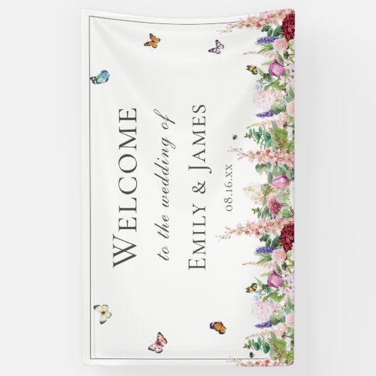 Romantic Pink Flowers & Butterflies Wedding Spandoek (Verticaal)