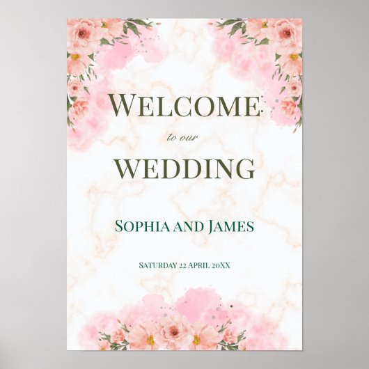 Romantic Pink Flowers Wedding Sign Poster (Voorkant)