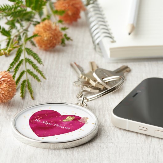 Romantic Pink Heart & Gold Butterfly  Sleutelhanger (Zijkant)