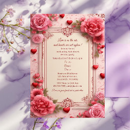 Romantic Pink Heart Motifs Valentine Party Floral Kaart