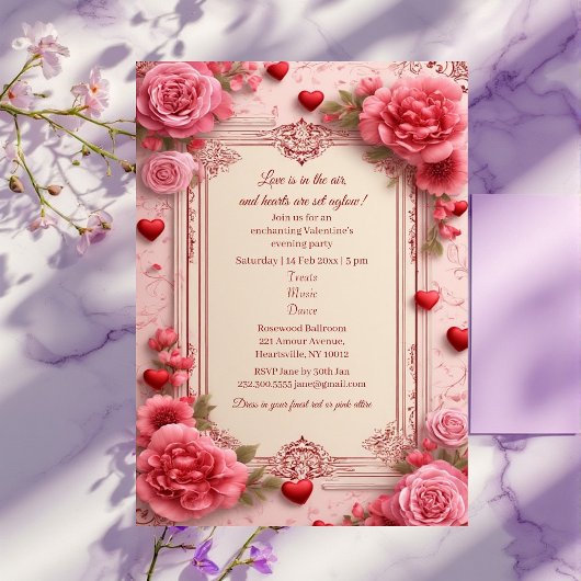 Romantic Pink Heart Motifs Valentine Party Floral  Kaart