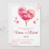 Romantic Pink Heart Tree Watercolor Wedding Invita Kaart (Voorkant)