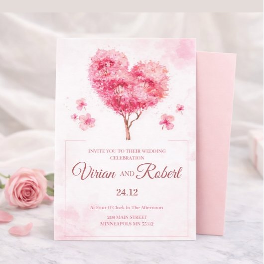Romantic Pink Heart Tree Watercolor Wedding Invita Kaart