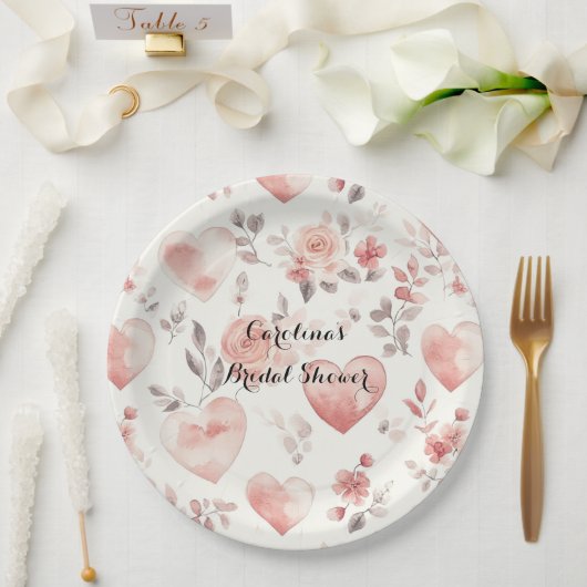 Romantic Pink Hearts Roses Floral Bridal Shower Papieren Bordje (Huwelijk)