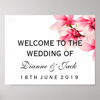 Romantic Pink Magnolia Floral Weddenschap Welkom Poster