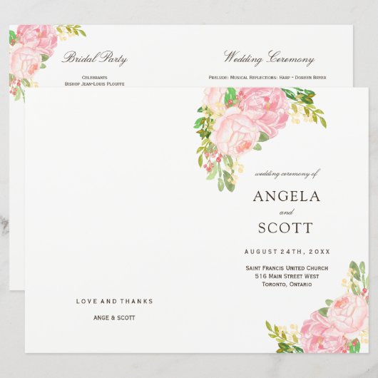 Romantic Pink Peonies Wedding Programs (Voorkant / Achterkant)