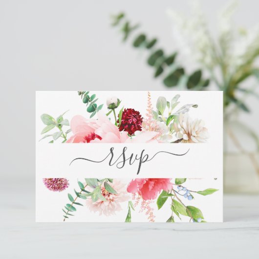 Romantic Pink Peony Script maalt RSVP Uitnodiging (Staand voorkant)