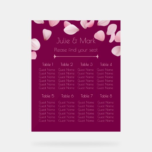 Romantic Pink Petals Wedding Seating Chart Acryl Bord (Voorkant)