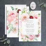 Romantic Pink Pony Floral Script Weduwschap Kaart<br><div class="desc">Hands op mijn favoriete design tot nu toe, deze prachtige huwelijksuitnodiging is voorzien van de mooiste waterverf floralen die ik ooit heb gezien - zo realistisch dat ze eruit zien als foto's! Roze pinda's en astilbe, dahlias, alliumballen, eucalyptustakken, en een delicaat bogundy chrysanthemum, bovenop een mooie witte achtergrond. En omdat...</div>