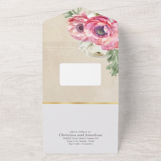 Romantic Pink Ranunculus on Rustic Parchment All In One Uitnodiging (Buitenkant)