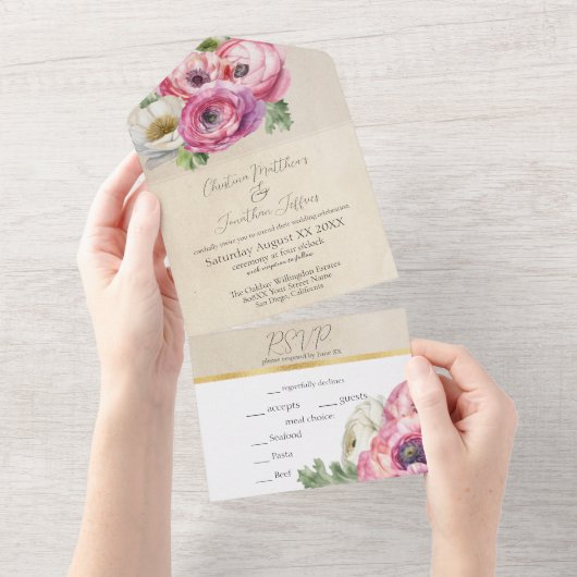 Romantic Pink Ranunculus on Rustic Parchment All In One Uitnodiging (Afscheurbaar)