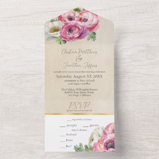Romantic Pink Ranunculus on Rustic Parchment All In One Uitnodiging (Binnen)