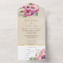 Romantic Pink Ranunculus on Rustic Parchment All In One Uitnodiging