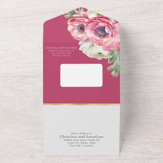 Romantic Pink Ranunculus op Blush All In One Uitnodiging (Buitenkant)