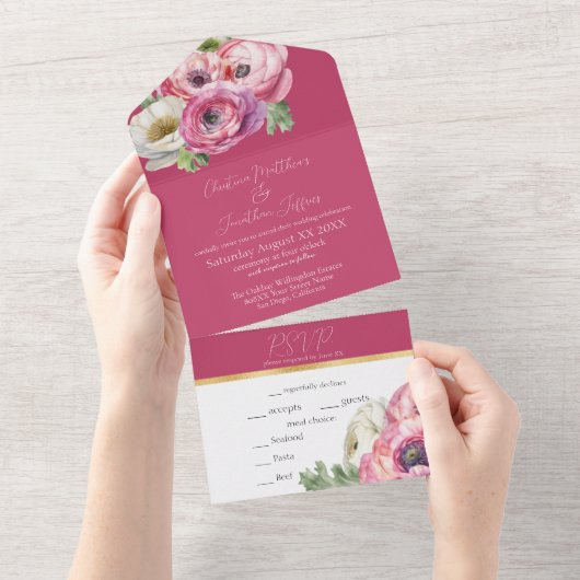 Romantic Pink Ranunculus op Blush All In One Uitnodiging (Afscheurbaar)