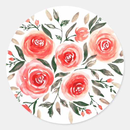 Romantic Pink Red Waterverf Rozen Floral Ronde Sticker (Voorkant)