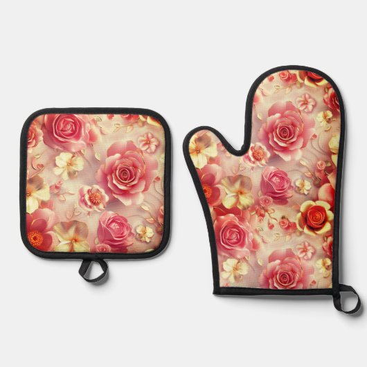 Romantic Pink Roses Motif Ovenwant & Pannenlap Set (Voorkant)