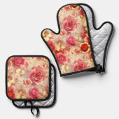 Romantic Pink Roses Motif Ovenwant & Pannenlap Set (Voorkant / Achterkant)