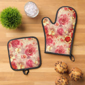 Romantic Pink Roses Motif Ovenwant & Pannenlap Set (Top down)