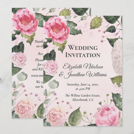 Romantic Pink Roses Wedding Invitation Kaart (Voorkant / Achterkant)